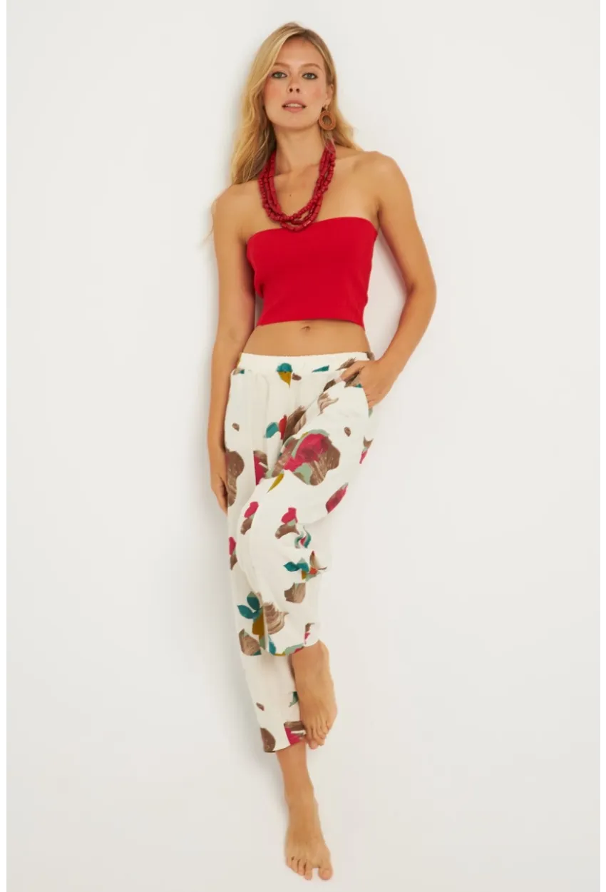 Kadın Ekru-Fuşya Desenli Keten Şalvar Pantolon K1253