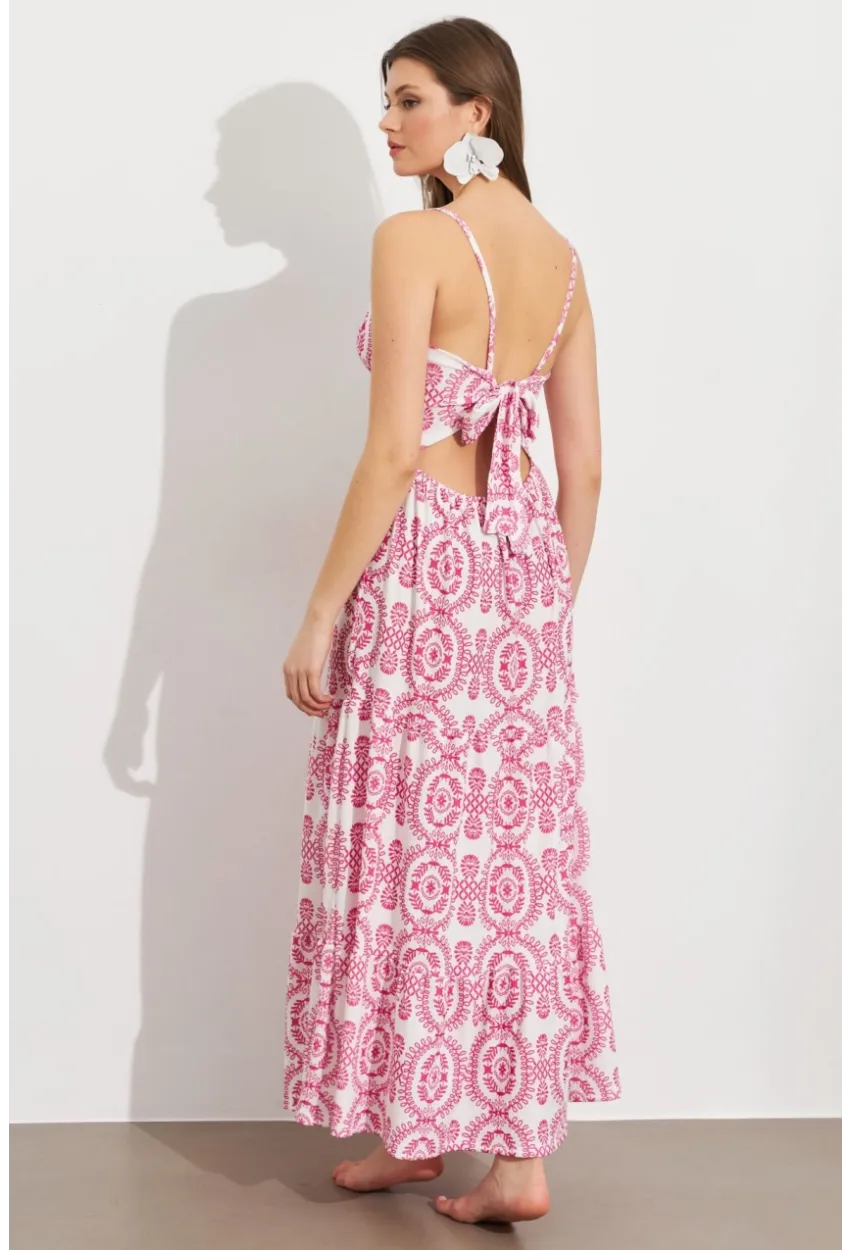 Kadın Ekru-Fuşya Sırt Dekolteli Desenli Maxi Elbise LİT110