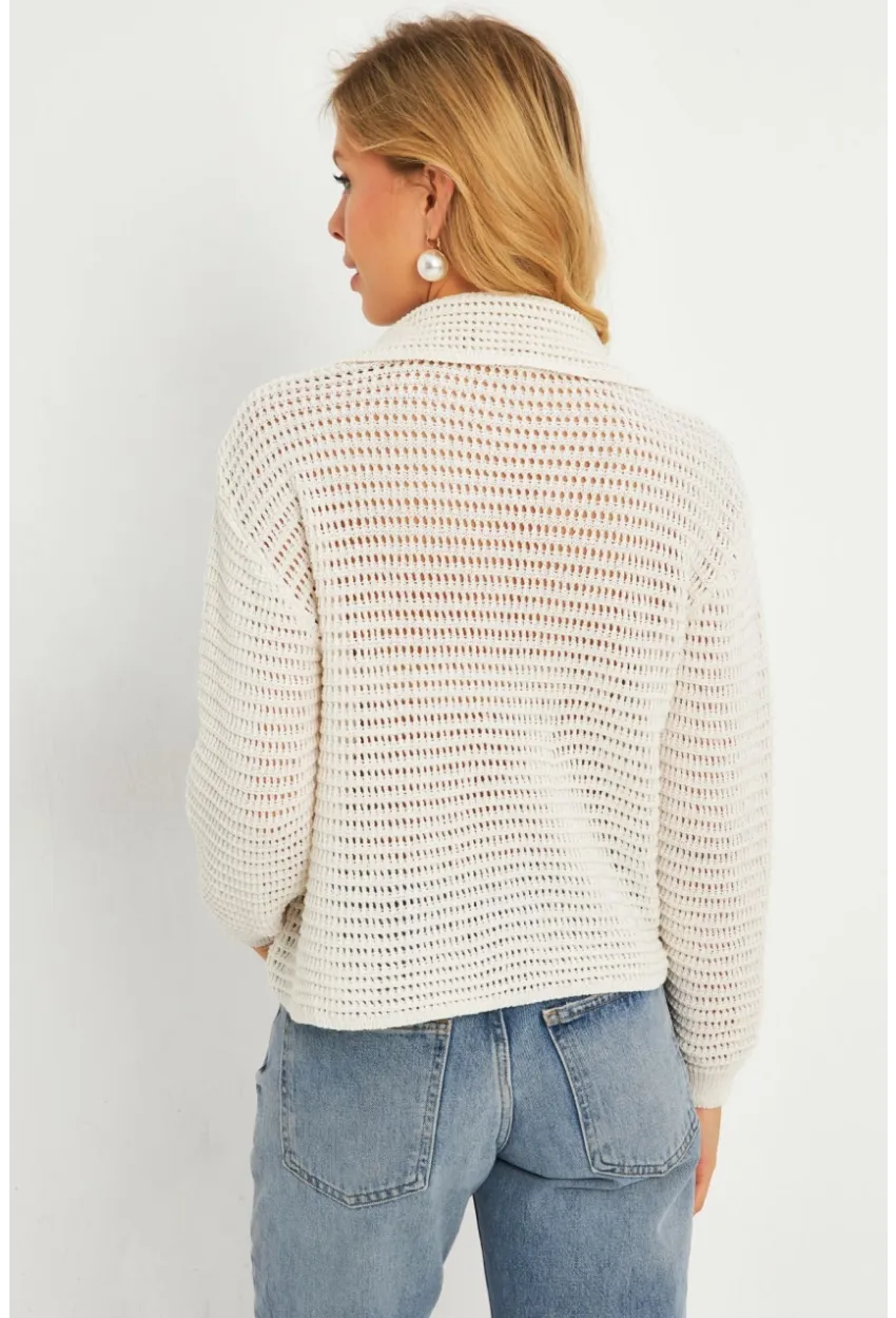 Kadın Ekru Geniş Yakalı Triko Hırka MİW4571