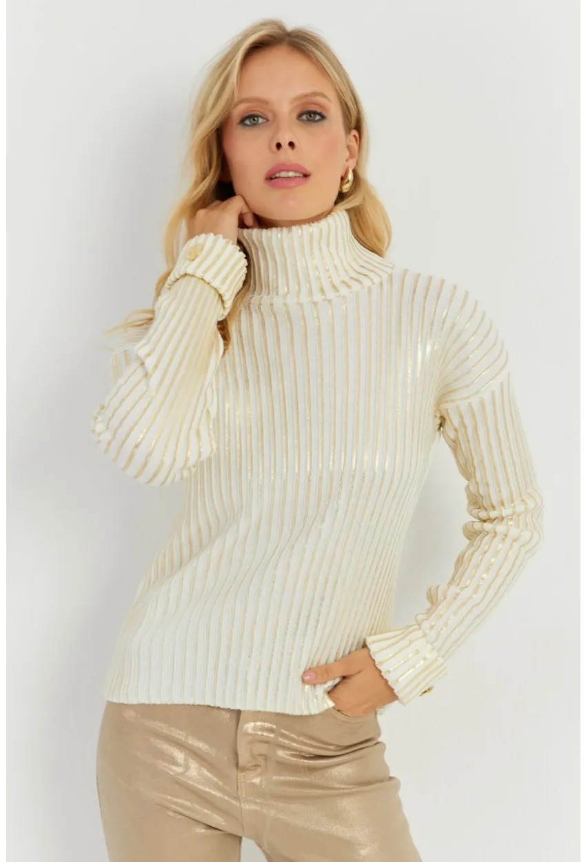 Kadın Ekru-Gold Düğme Detaylı Varaklı Triko Kazak SF2532