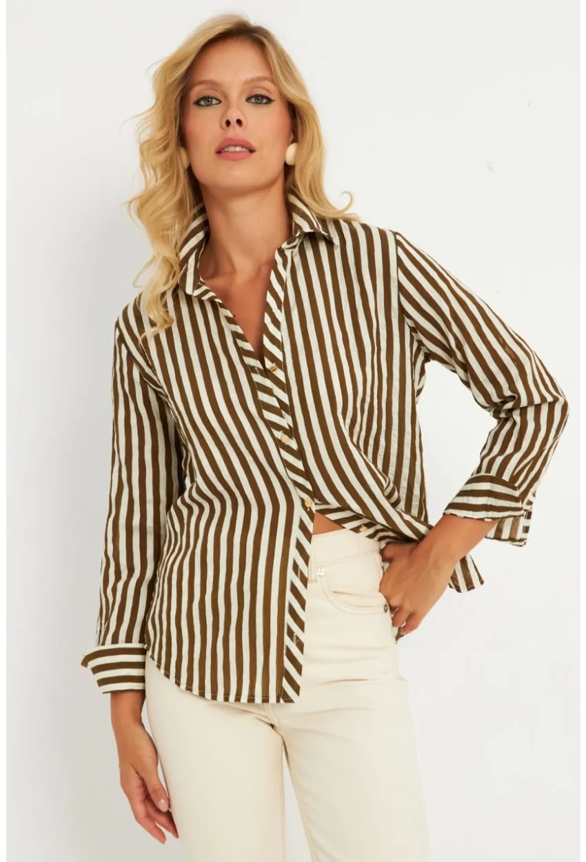 Kadın Ekru-Haki Çizgili Gömlek KED709