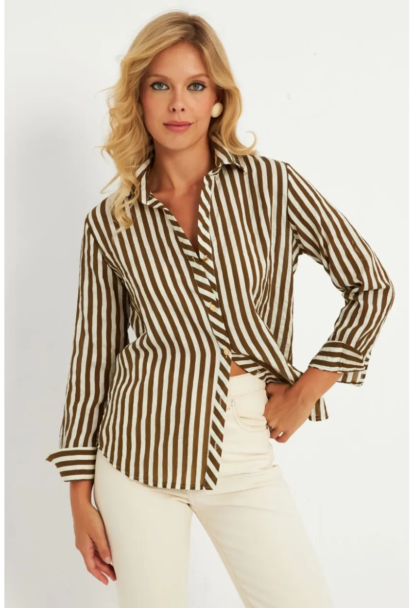 Kadın Ekru-Haki Çizgili Gömlek KED709