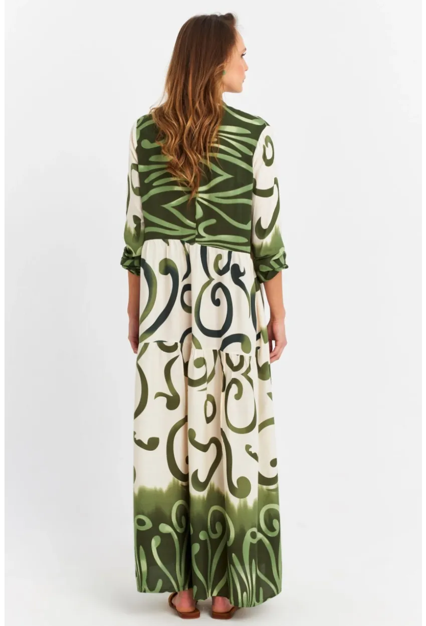 Kadın Ekru-Haki Desenli Salaş Maxi Elbise MASF0020
