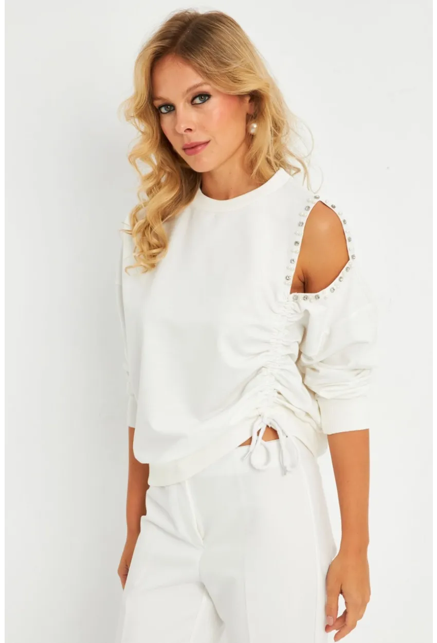 Kadın Ekru İnci Detaylı Büzgülü Sweatshirt RLO04