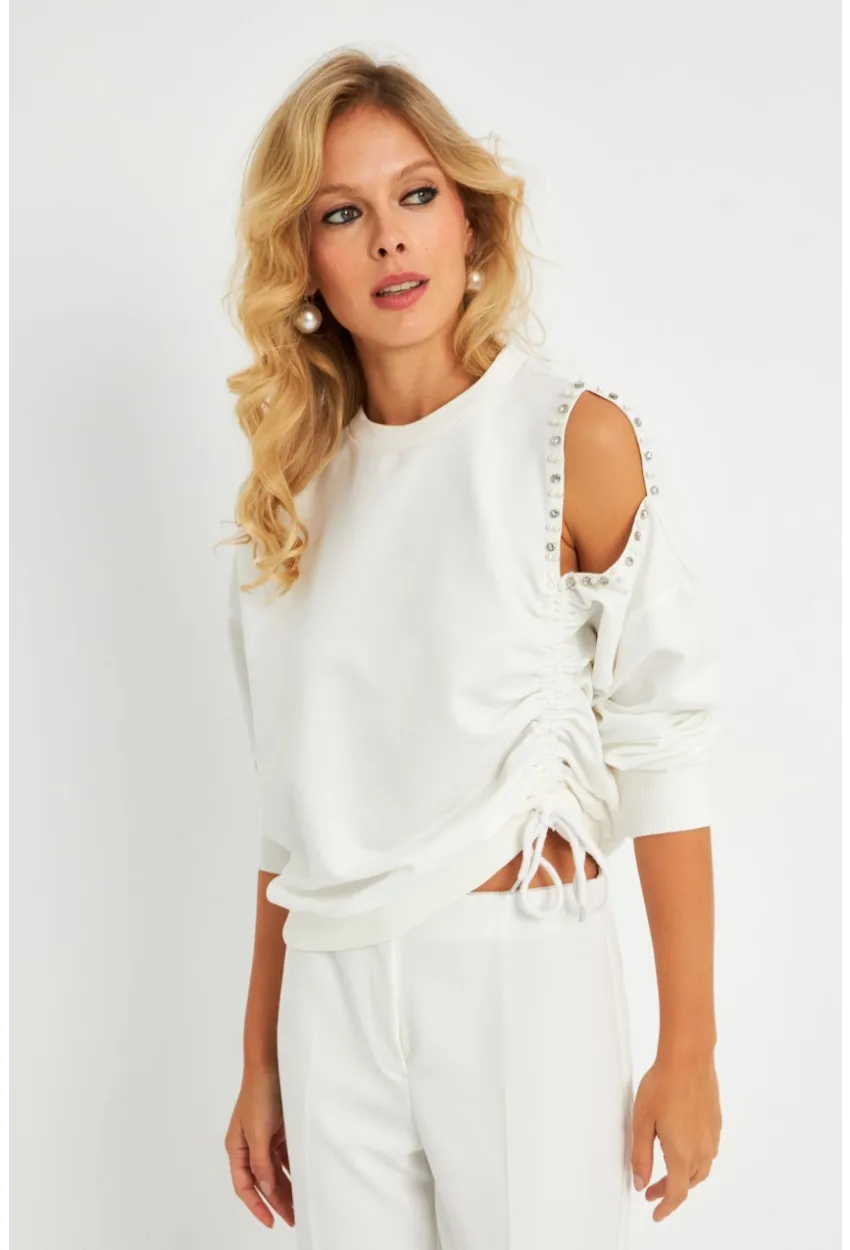 Kadın Ekru İnci Detaylı Büzgülü Sweatshirt RLO04