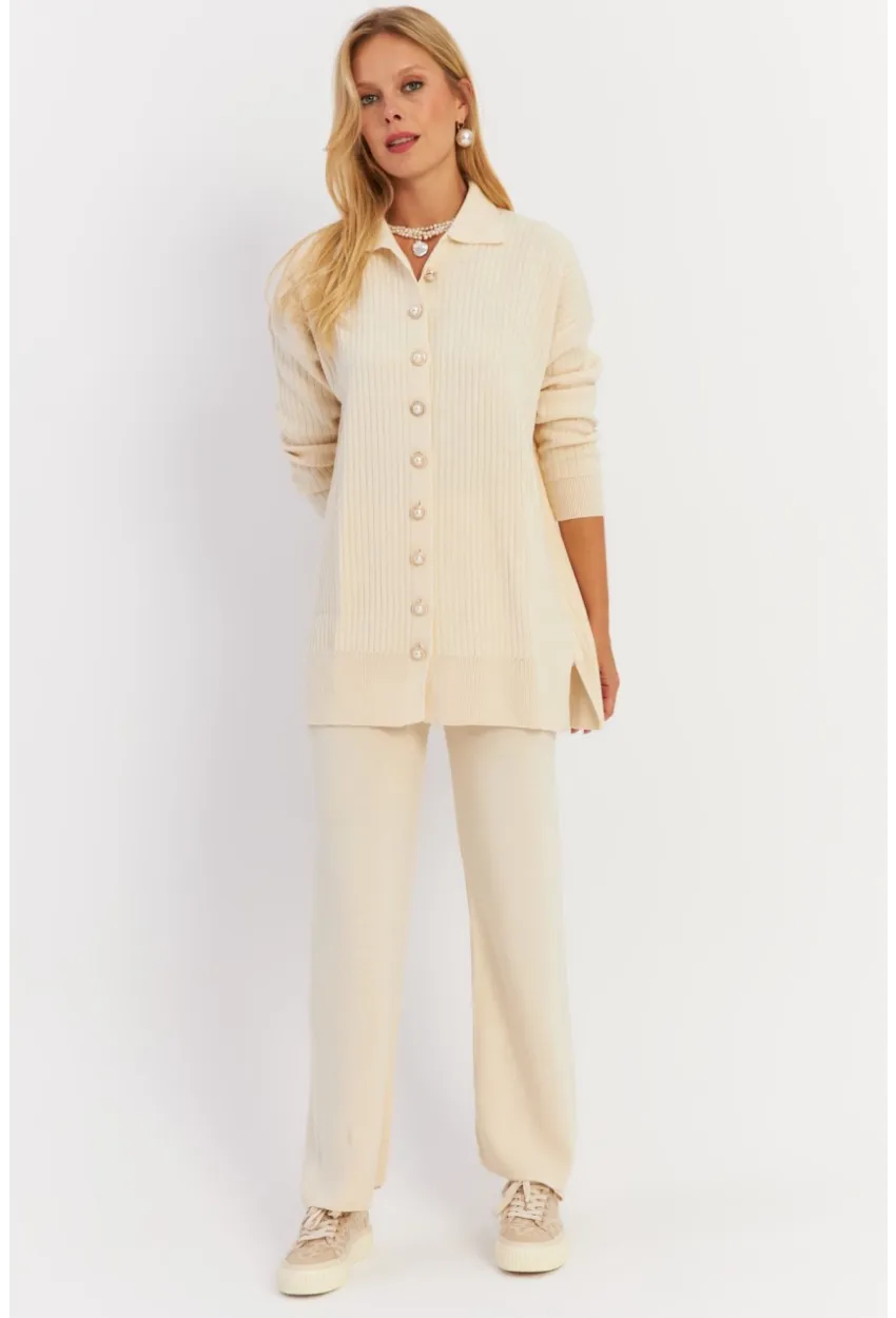 Kadın Ekru İnci Düğmeli Hırka Triko Alt Üst Takım MNUV26