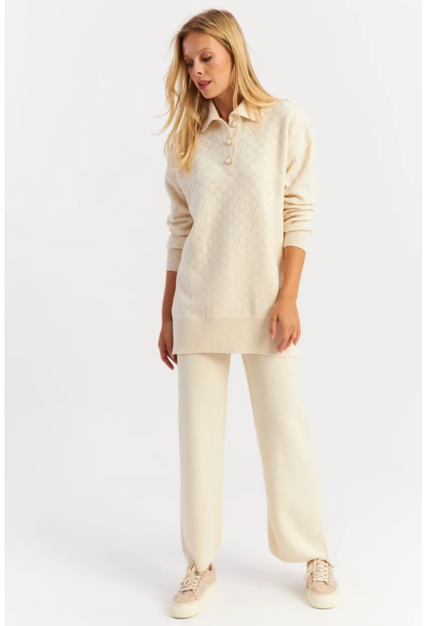 Kadın Ekru İnci Düğmeli Triko Alt Üst Takım NUV33