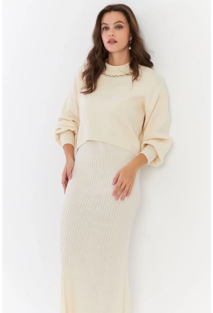 Kadın Ekru İncili Alt Üst Triko Takım NUV37