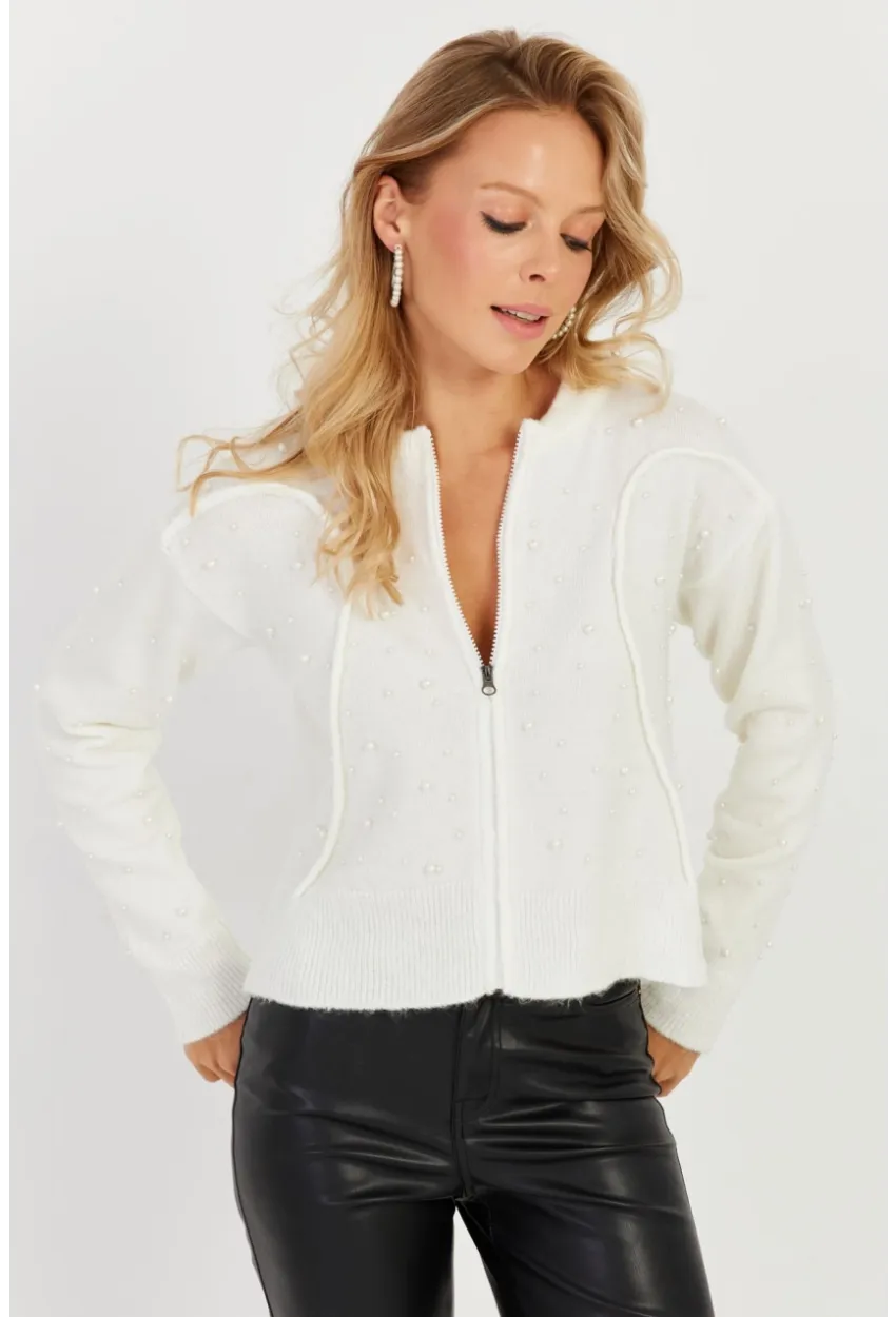 Kadın Ekru İncili Triko Hırka KED1203