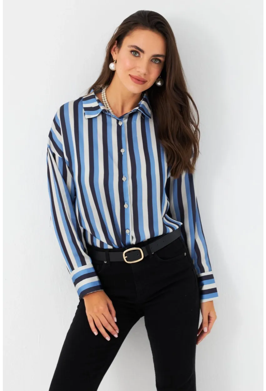 Kadın Ekru-İndigo Desenli Saten Gömlek MSHR500