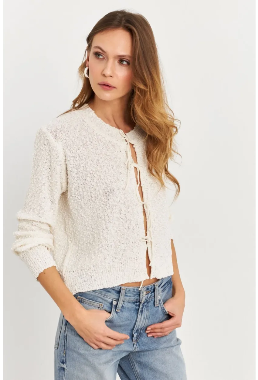 Kadın Ekru İpli Triko Hırka YV323