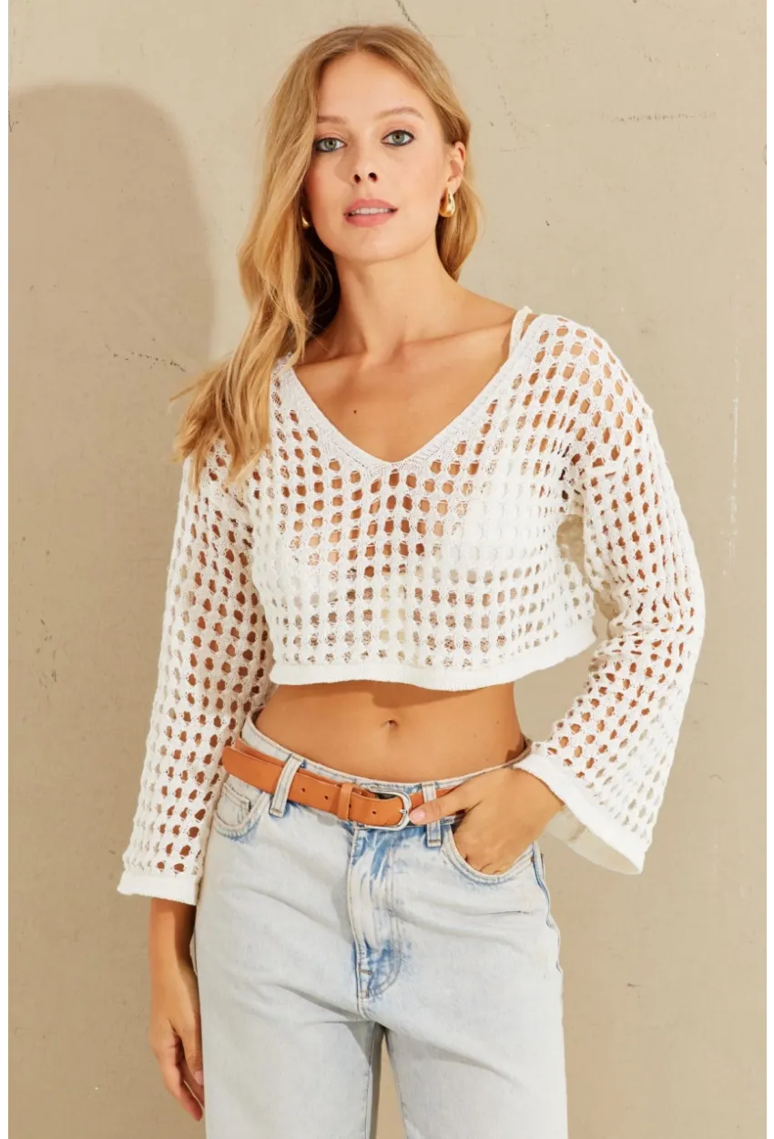 Kadın Ekru İspanyol Kol Ajurlu Triko Bluz YV203