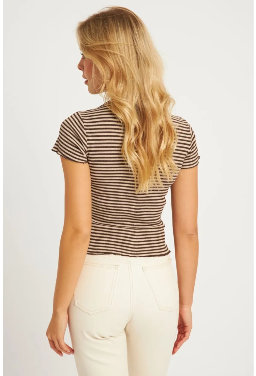 Kadın Ekru-Kahve Çizgili Bluz XL2005