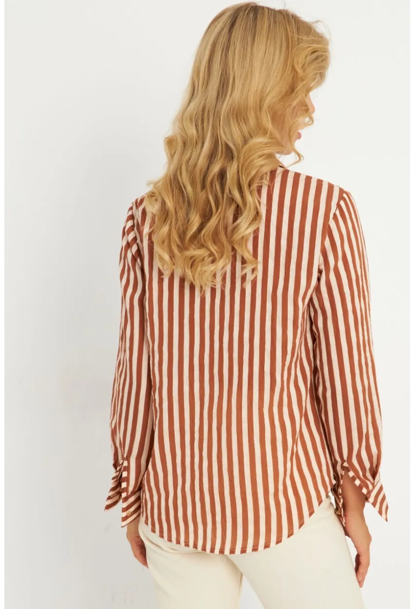 Kadın Ekru-Kahve Çizgili Gömlek KED709