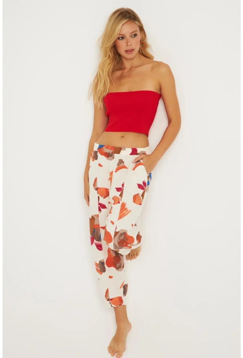 Kadın Ekru-Kahve Desenli Keten Şalvar Pantolon K1253