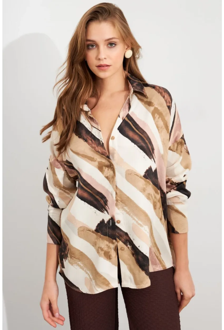 Kadın Ekru-Kahve Desenli Saten Gömlek MCAR1170