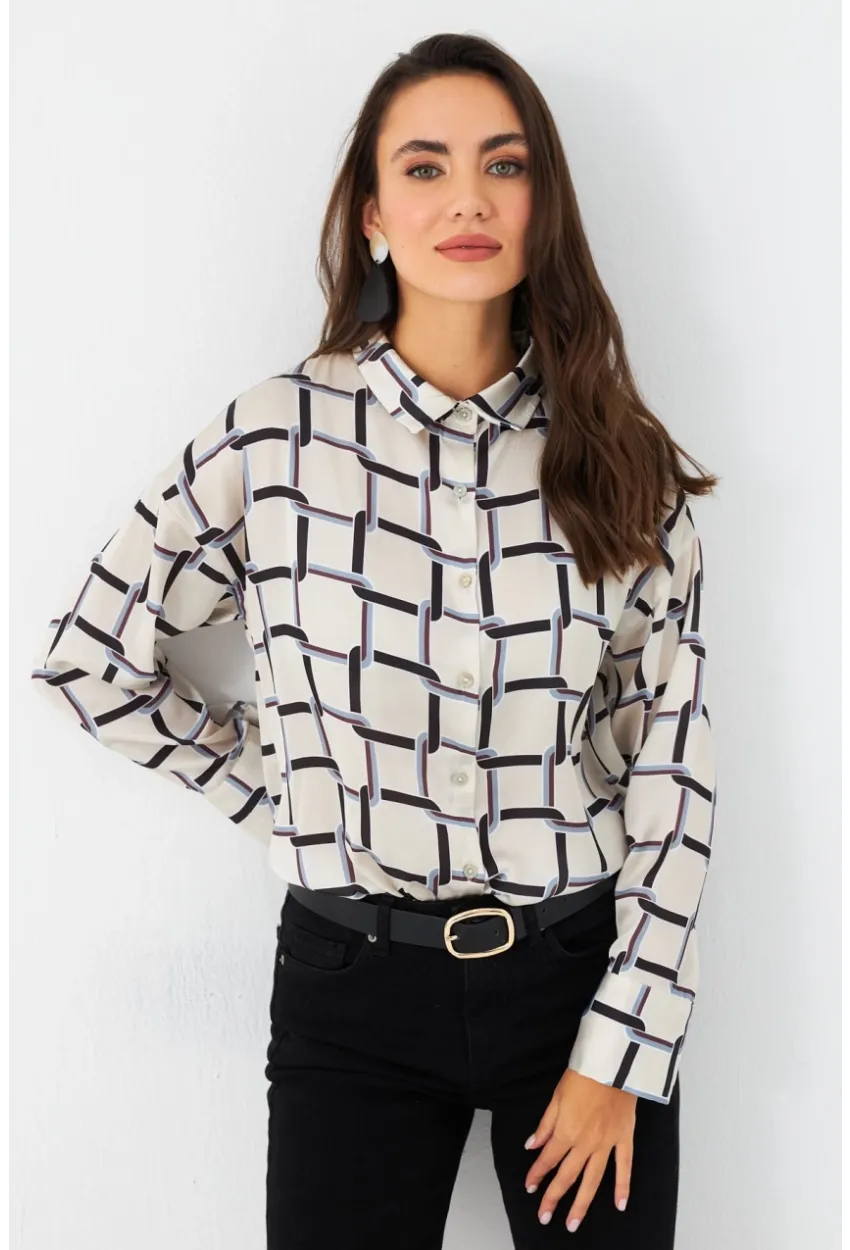 Kadın Ekru-Kahve Desenli Saten Gömlek MSHR500