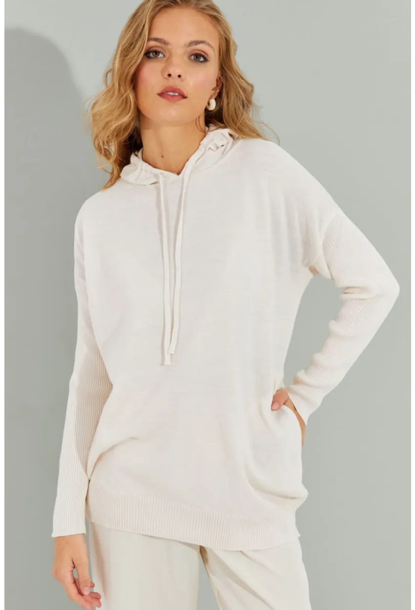 Kadın Ekru Kapüşonlu Cepli Triko Kazak YZ520