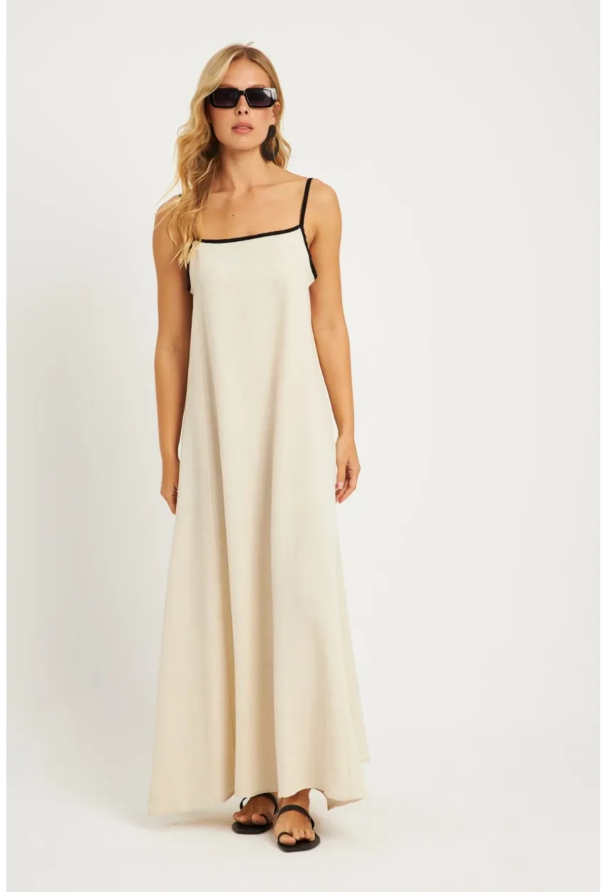 Kadın Ekru Keten Midi Elbise GÇ174