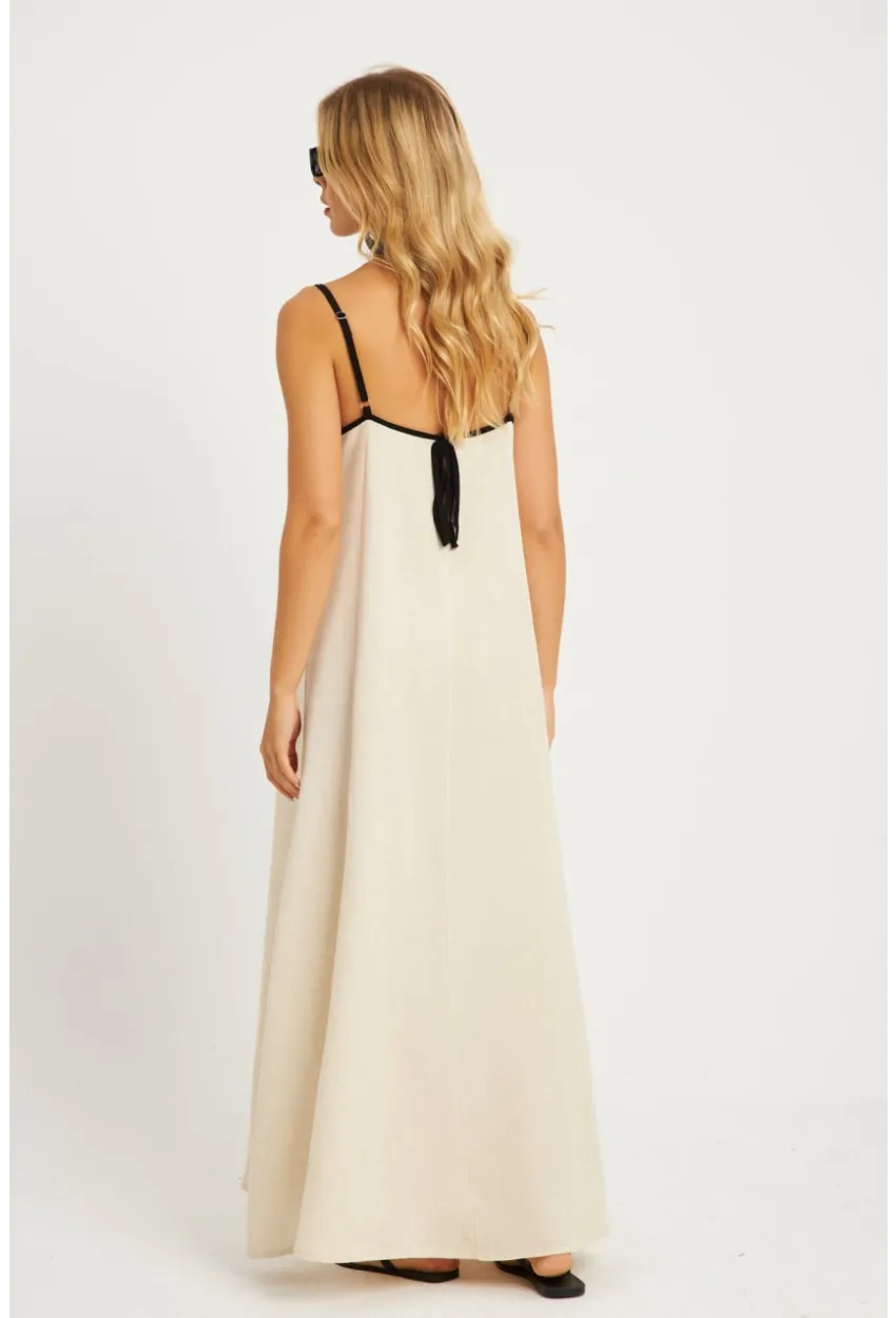 Kadın Ekru Keten Midi Elbise GÇ174