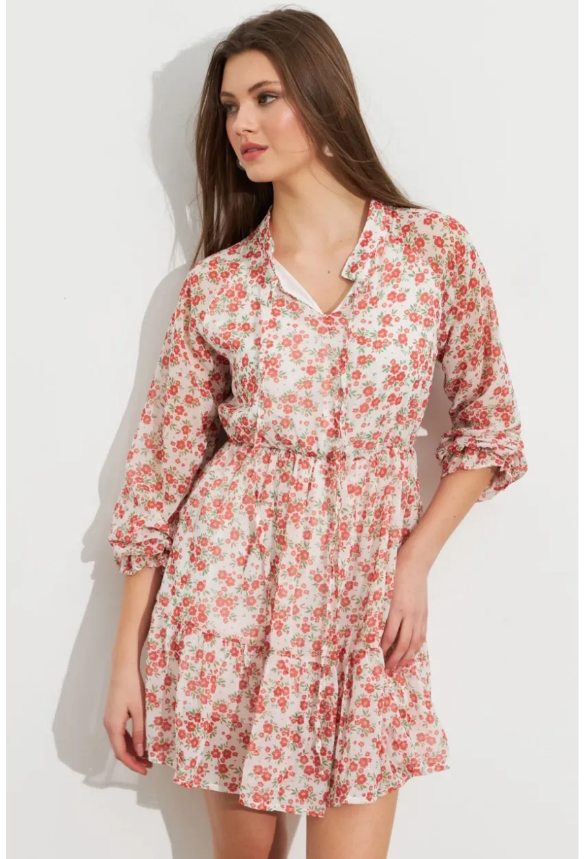 Kadın Ekru-Kırmızı Desenli Şifon Mini Elbise ROP107