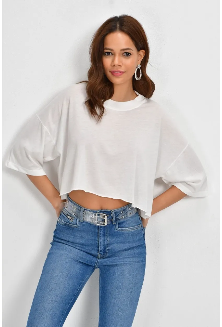 Kadın Ekru Kısa Salaş Bluz BE1000