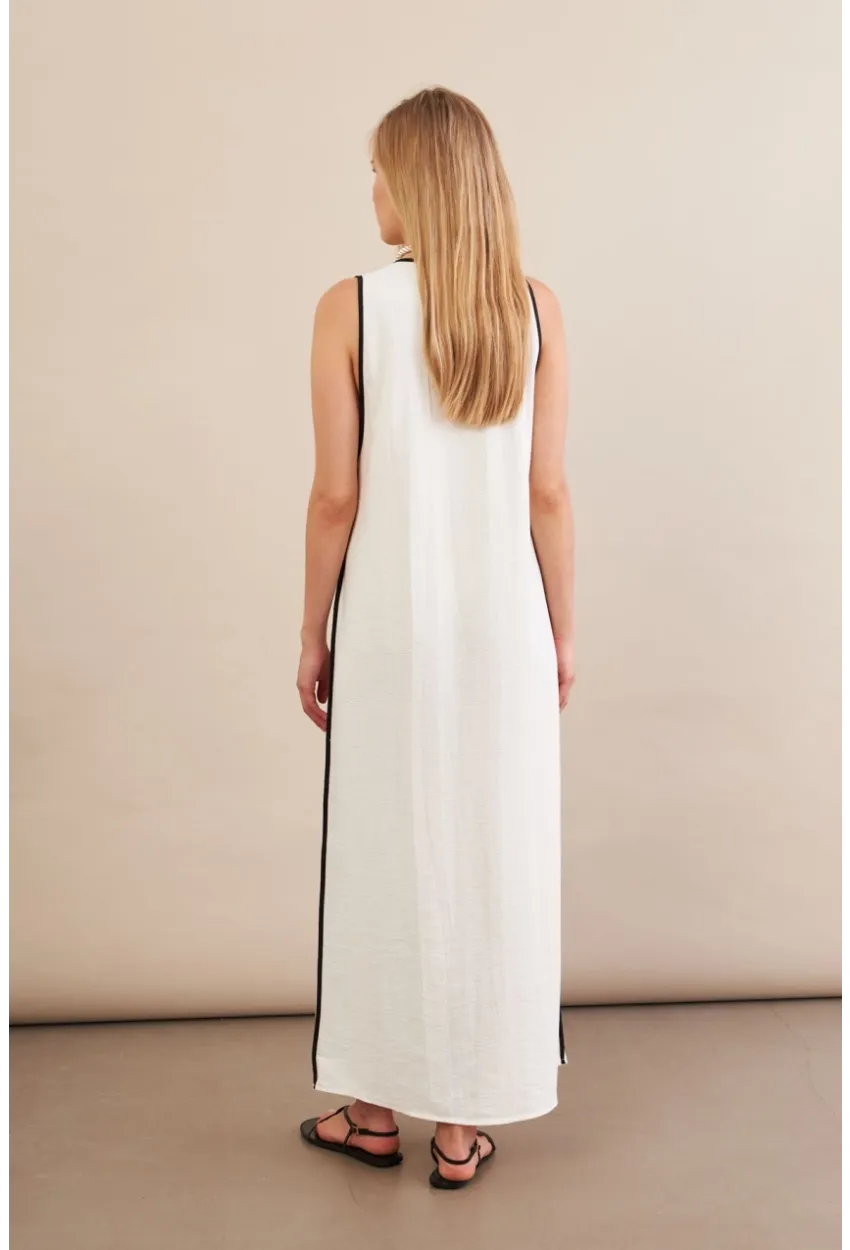Kadın Ekru Kontrast Çizgili Maxi Keten Elbise MSİ101