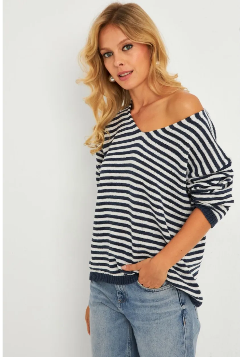 Kadın Ekru-Lacivert V Yaka Triko Salaş Bluz YV283