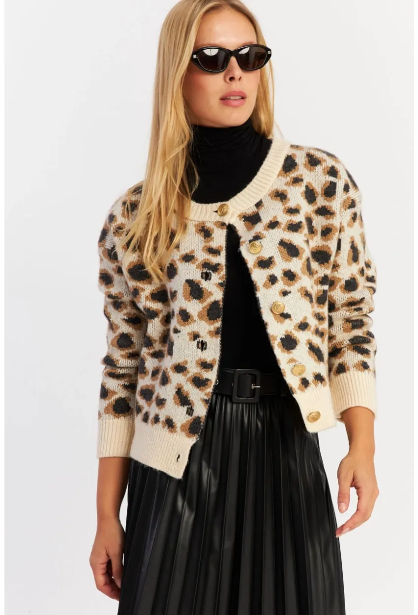 Kadın Ekru Leopar Hırka MYV285