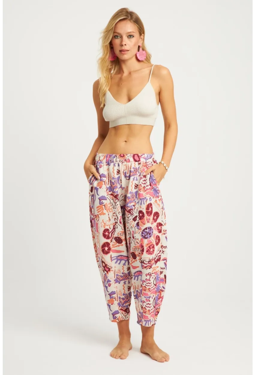 Kadın Ekru-Lila Desenli Keten Şalvar Pantolon K1253
