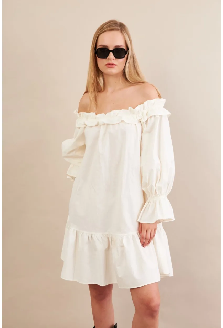 Kadın Ekru Madonna Yaka Midi Elbise PSG1012