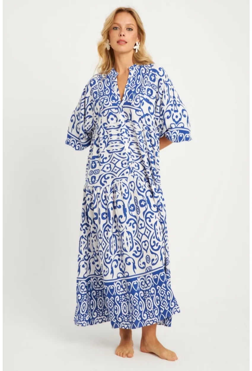 Kadın Ekru-Mavi Desenli Midi Elbise MGÇ169