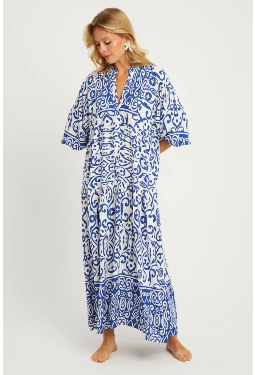 Kadın Ekru-Mavi Desenli Midi Elbise MGÇ169