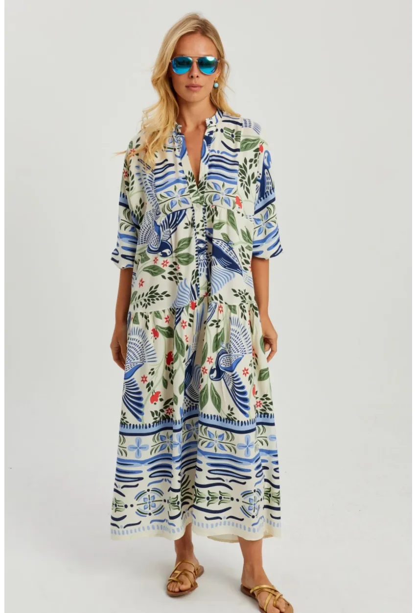 Kadın Ekru-Mavi Desenli Salaş Maxi Elbise GÇ166