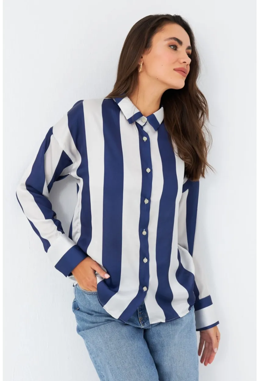 Kadın Ekru-Mavi Desenli Saten Gömlek MSHR500