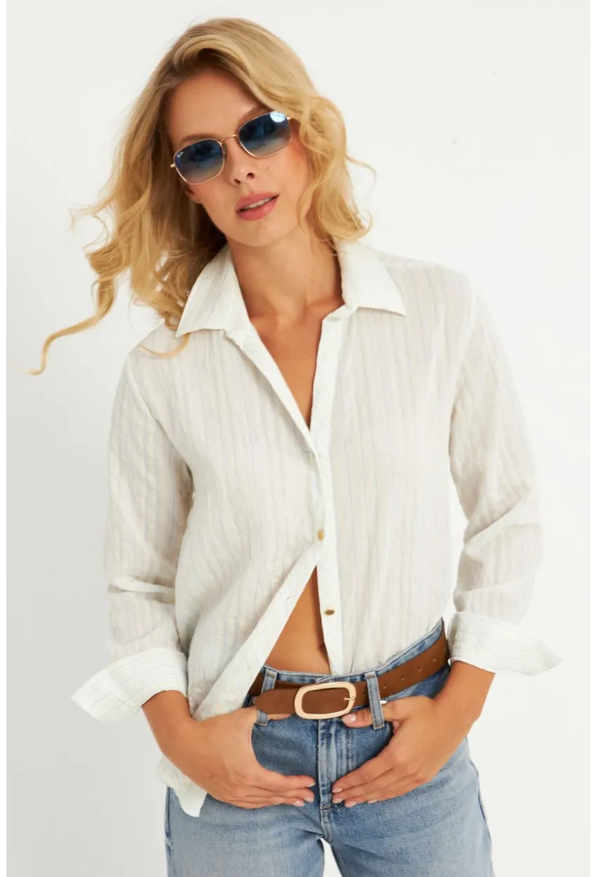 Kadın Ekru-Mavi Gömlek KED714