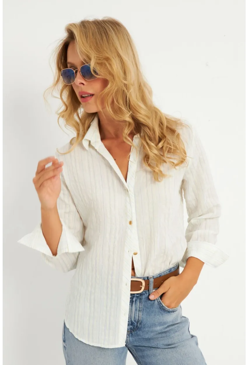 Kadın Ekru-Mavi Gömlek KED714