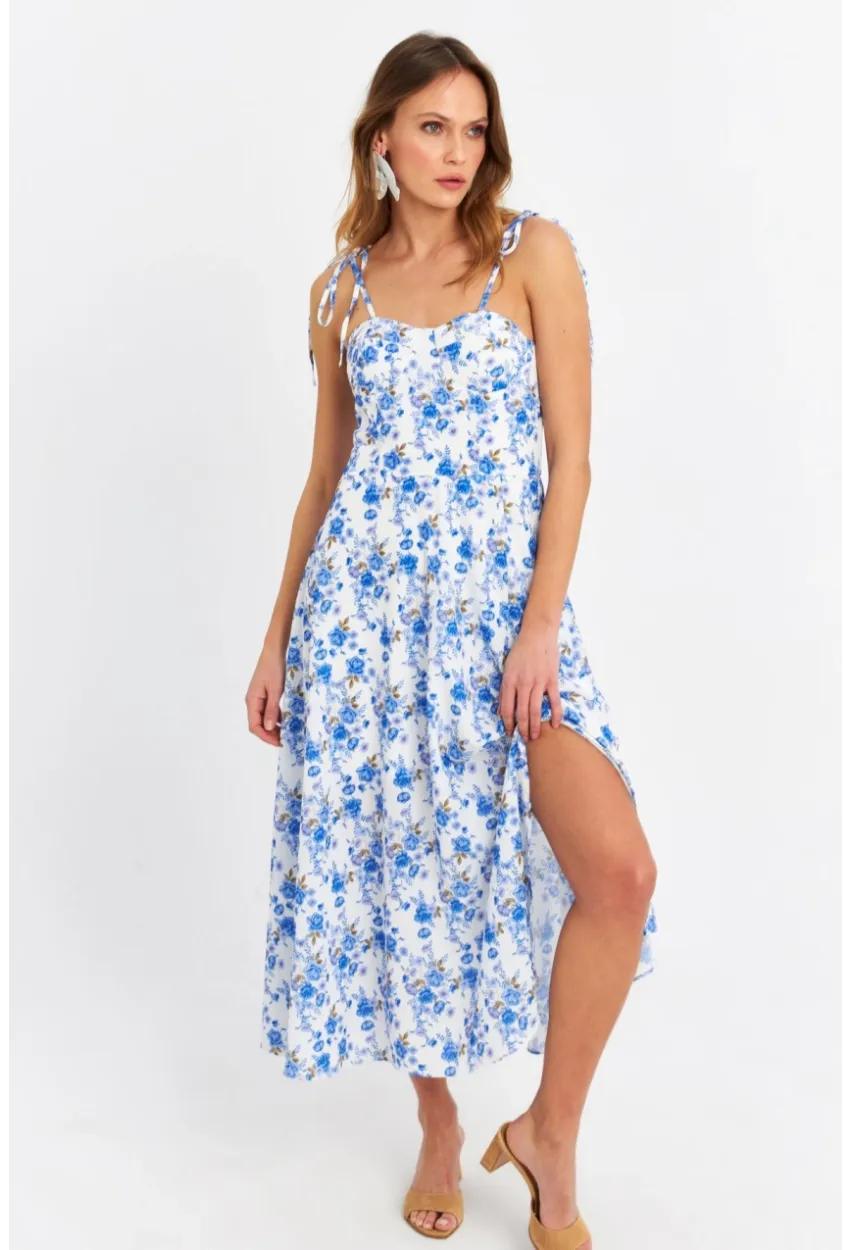 Kadın Ekru-Mavi İp Askılı Çiçekli Midi Elbise ERL10013
