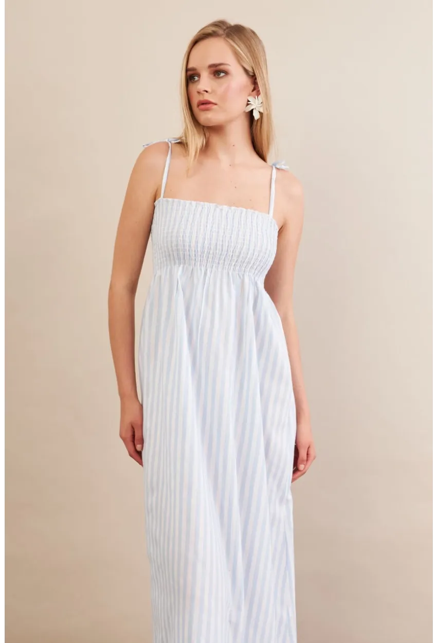 Kadın Ekru-Mavi Straplez çizgili Plaj Elbisesi OR502