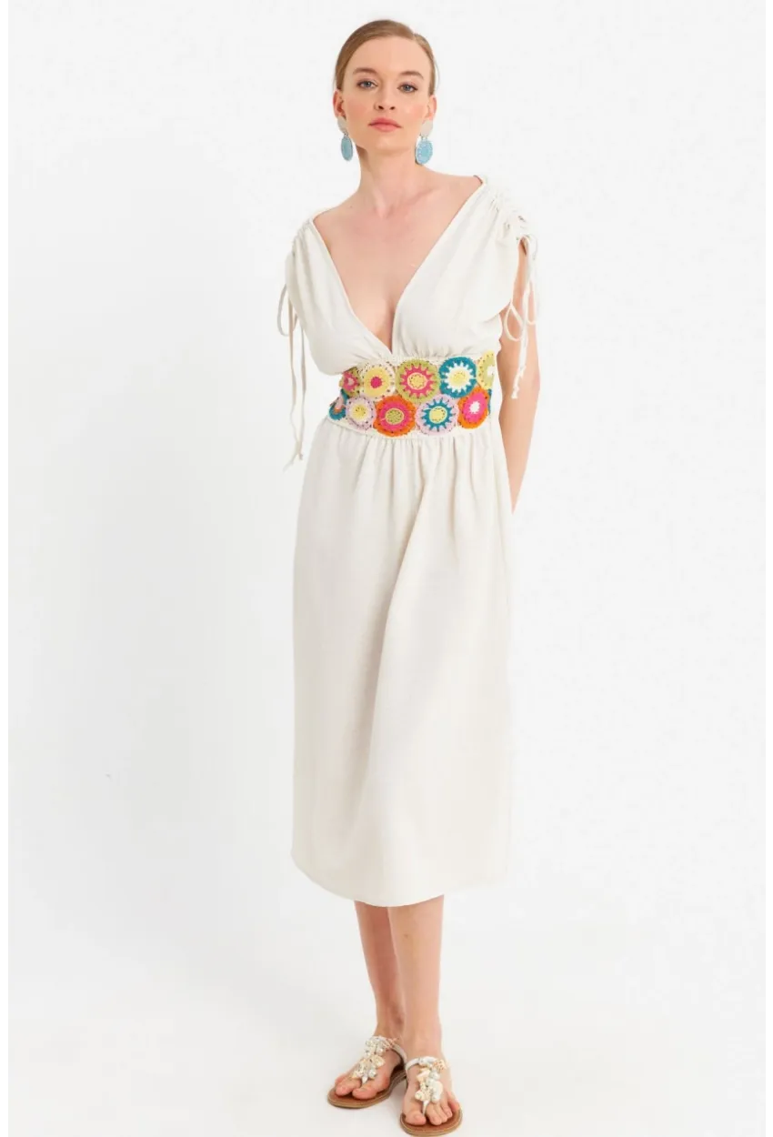 Kadın Ekru Ön Arka V Nakışlı Midi Elbise ELT180