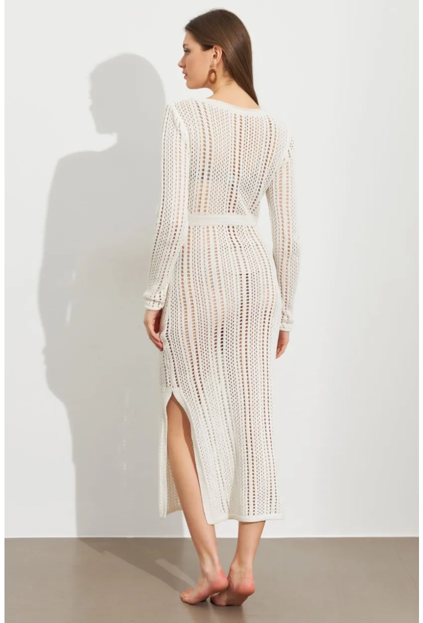 Kadın Ekru Önü Pencereli Ajurlu Plaj Elbisesi KZ545