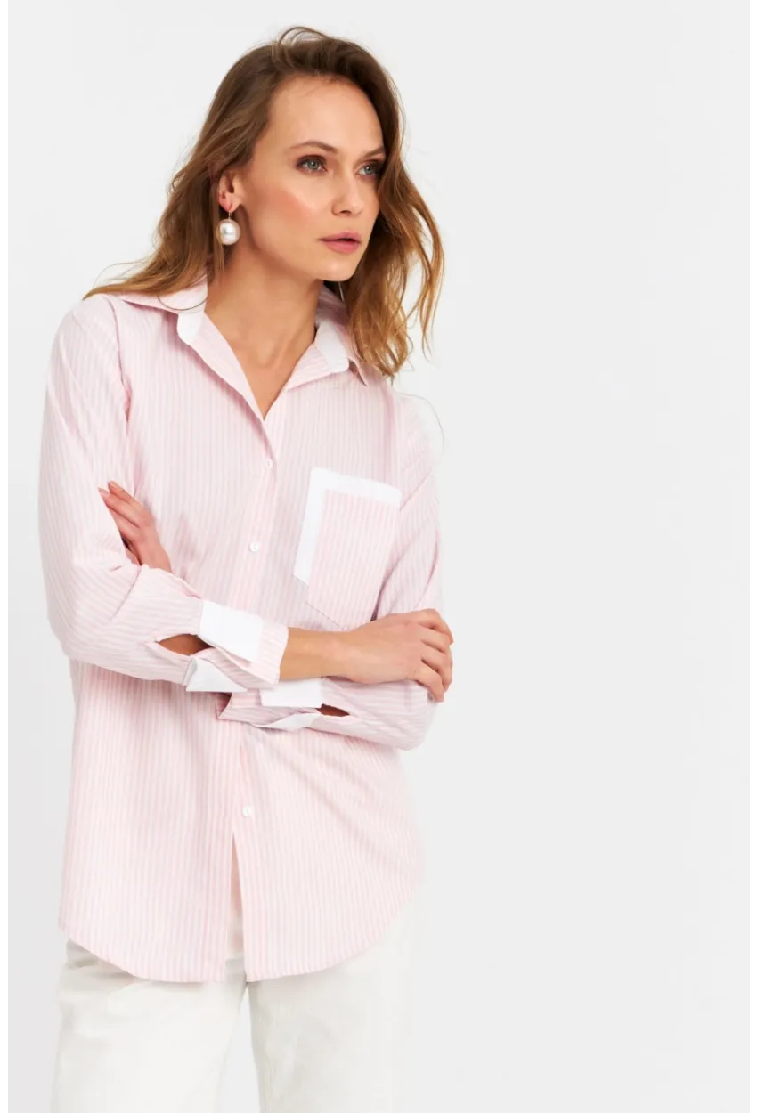 Kadın Ekru-Pembe Çizgili Gömlek MPC6041
