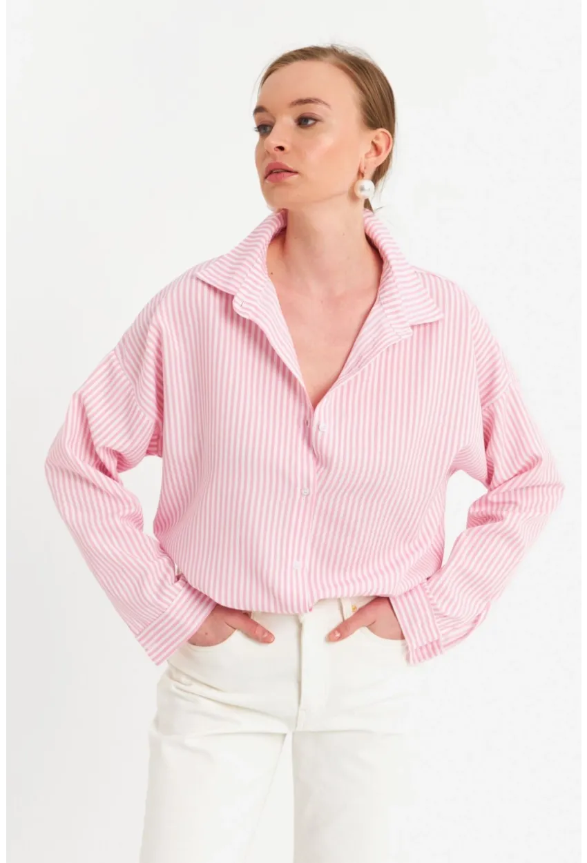 Kadın Ekru-Pembe Çizgili Gömlek ZER425