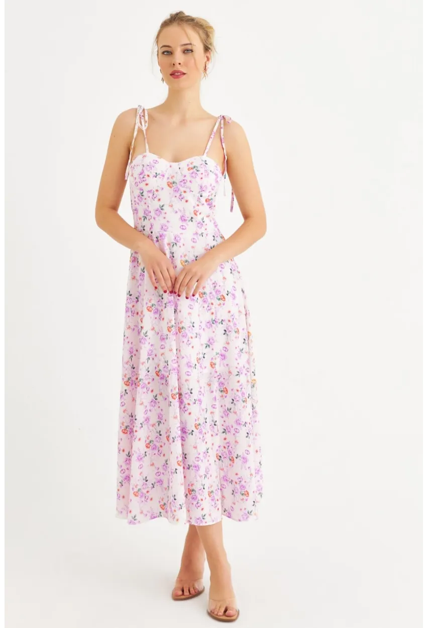 Kadın Ekru-Pembe İp Askılı Çiçekli Midi Elbise ERL10013