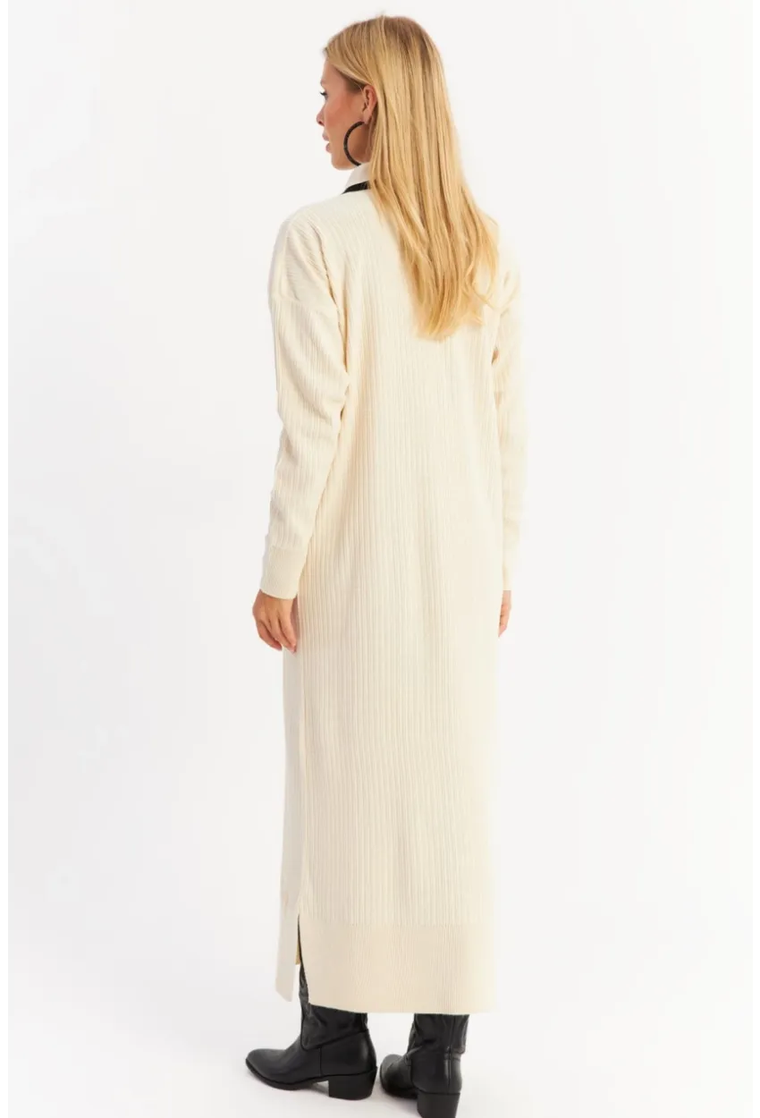 Kadın Ekru Polo Yaka Triko Maxi Elbise MNUV17