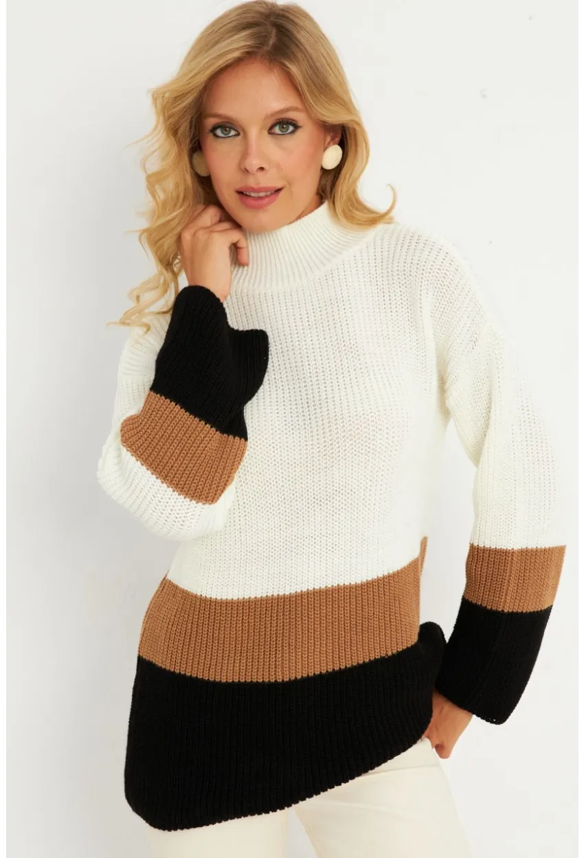 Kadın Ekru Renk Bloklu Kazak YV277