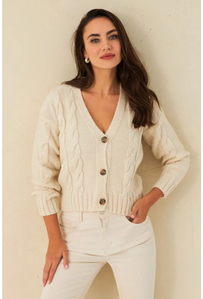 Kadın Ekru Saç Örgülü Hırka YV295