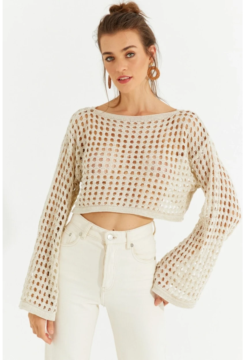 Kadın Ekru Simli Ajurlu Triko Kısa Bluz YV141