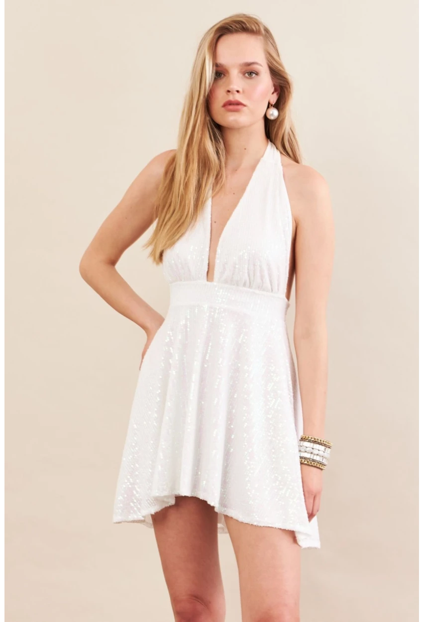 Kadın Ekru Sırtı Açık Payetli Astarlı Mini Elbise DCF046