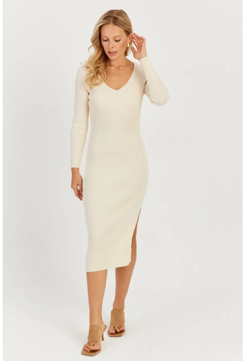 Kadın Ekru Sırtı Çapraz Triko Midi Elbise YZ407